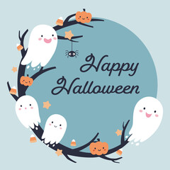 Halloween circular frame with cute ghosts, pumpkins, and candy corns. Cartoon style flat vector illustration.
