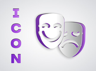 Paper cut Comedy and tragedy theatrical masks icon isolated on grey background. Paper art style. Vector