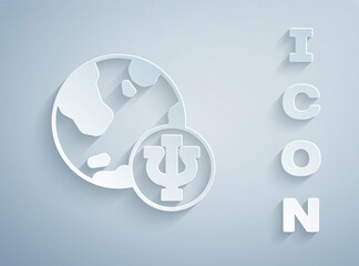 Paper cut Psychology icon isolated on grey background. Psi symbol. Mental health concept, psychoanalysis analysis and psychotherapy. Paper art style. Vector