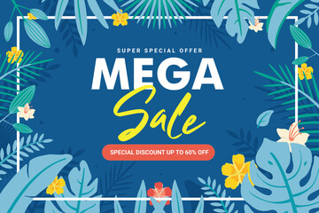 Mega summer sale banner template with square frame and blue floral leaf premium Vector