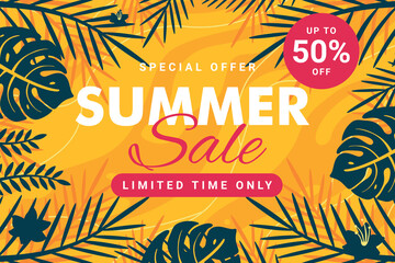Special offer summer sale banner template with leaf and fluid background premium Vector