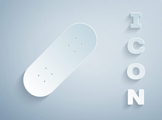 Paper cut Skateboard icon isolated on grey background. Extreme sport. Sport equipment. Paper art style. Vector