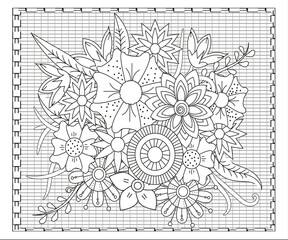 Forest flowers and leaves. Beautiful bouquet. Vector coloring book for adults and children. Hand drawn illustration. Floral ornament is good for web, print and stencil