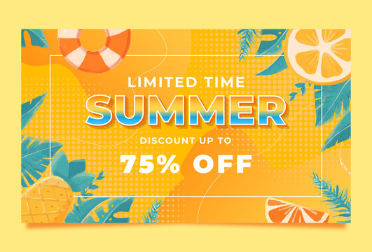 Memphis Watercolor summer sale banner template with leaf, lemon, and buoy Premium Vector