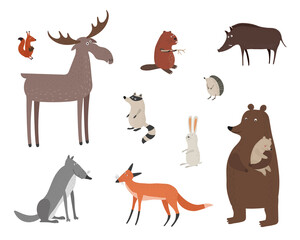 Vector set with forest animals in hand drawn style. Funny animals isolated on a white background. Squirrel, moose, rabbit, wolf and fox.