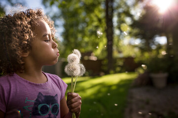 Profile of cute girl blowing on dandelion seeds