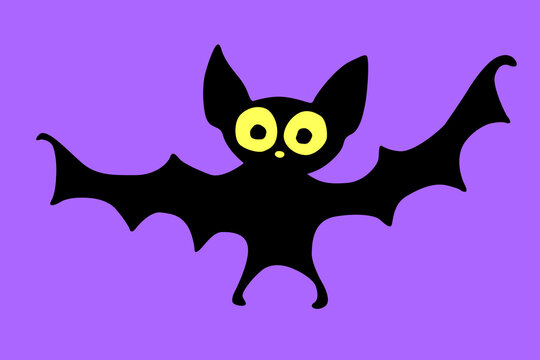 Cute bat with glowing eyes drawn in cartoon flat style. Vector black silhouette isolated. For halloween design, greeting card