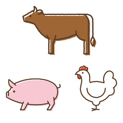 Cow, pig, and chicken icons 牛、豚、鶏のアイコン - obrazy, fototapety, plakaty