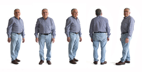 front, back and side view of same senior man on white backgroun - Powered by Adobe