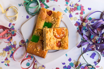 Coca de Sant Joan, a traditional sweet cake from Catalonia, Spain. It is eaten during Saint Johns...