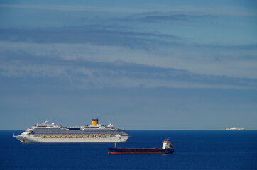 Costa cruiseships or cruise ship liners Pacifica, Fortuna and Favolosa anchored at sea offshore of...