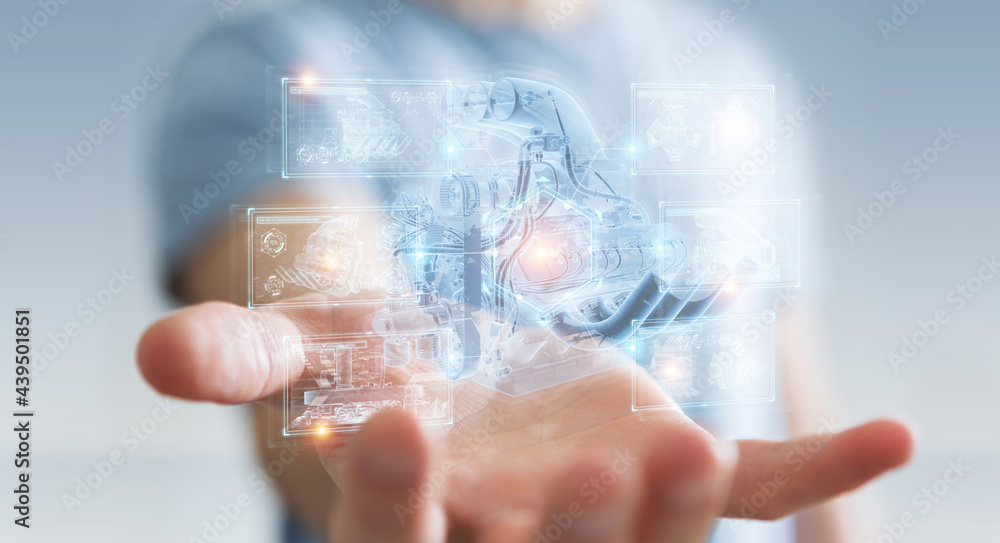 Poster businessman holding and touching wireframe holographic digital projection of an engine 3d rendering