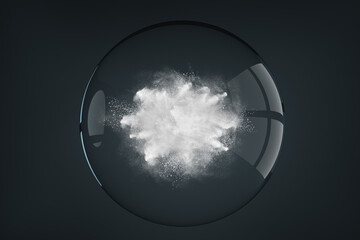 Abstract design of powder snow cloud inside the transparent glass sphere