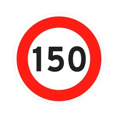 Speed limit 150 round road traffic icon sign flat style design vector illustration isolated on white background. Circle standard road sign with number 150 kmh.