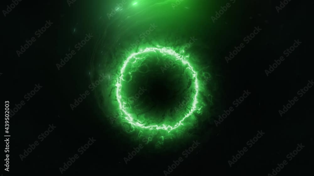 Poster abstract 4k 3d cgi seamless loop black hole with glow green plasma energy gas cloud. loop mysterious