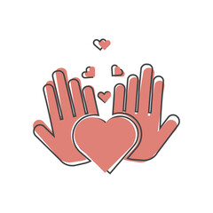 Vector icon of hands holding a heart healthcare symbol on cartoon style on white isolated background.