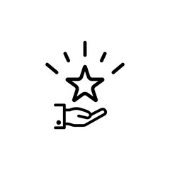 Palm with a shining star above the hand icon. Gifts or bonuses for a regular customer. Loyalty program. Isolated symbol sign for: illustration, outline, logo, design, web, dev ui ux gui. Vector EPS 10