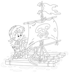 Happy little boy playing pirate on a raft with a sail with Jolly Roger and a toy steering wheel on a small lake on summer vacation, black and white vector cartoon illustration for a coloring book