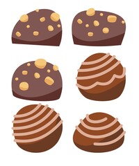 Set. Chocolate candies. Assorted brown dessert. In nuts and cream pattern. Delicious treats. Flat cartoon background illustration. Vector