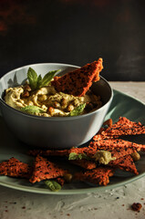 Pea hummus and vegan crackers, vegan nutrition, red lentil crackers