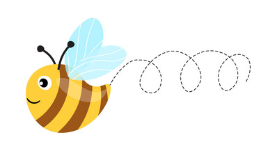 Cute bee mascot. A small bees flying on a dotted route. Wasp collection. Vector characters. Incest icon. Template design for invitation, cards. Doodle style