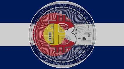 Large transparent Glass Bitcoin in center and on top of the US State Flag of Colorado