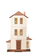 Cartoon three-storey house. Cozy simple rural dwelling in a traditional European style. Sweet home. Isolated on white background. Vector