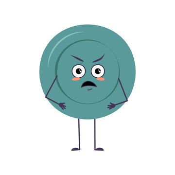 Cute plate character with angry emotions, face, arms and legs. The funny or grumpy dish with eyes for a cafe. Vector flat illustration