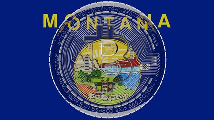 Large transparent Glass Bitcoin in center and on top of the US State Flag of  Flag of MontanaFile ID(s): 439505454 - Original name(s): C235_Montana