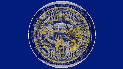 Large transparent Glass Bitcoin in center and on top of the US State Flag of Nebraska