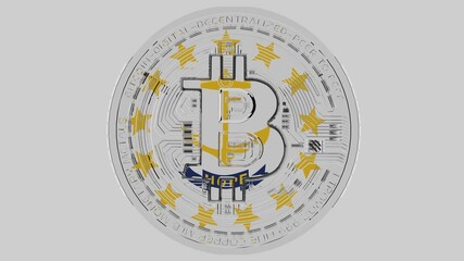 Large transparent Glass Bitcoin in center and on top of the US State Flag of Rhode Island