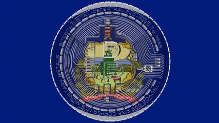 Large transparent Glass Bitcoin in center and on top of the US State Flag of Vermont