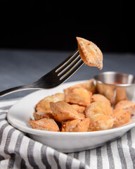 Fried dumplings stuffed with meat and served with tomato sauce on a white plate.