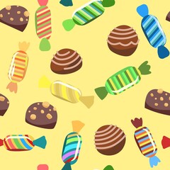 Sweets with hazelnuts. Nuts. Assorted chocolate dessert. Candy caramel wrapped. Seamless pattern. Flat background illustration. Vector