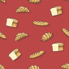 hand drawn cartoon vector illustration red background pattern bakery products For breakfast, bread loaf, croissants, sausage buns  french toast