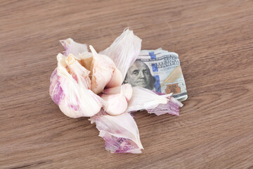 Peeled fresh garlic pressed against dollar bills