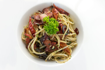 Chili Spaghetti on a white plate