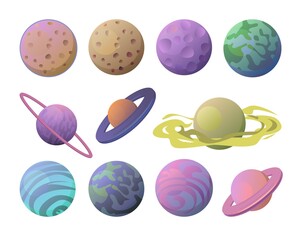 Fototapeta na wymiar Set of space objects. Planets. Isolated on white background. Cartoon style. Flat design. Vector