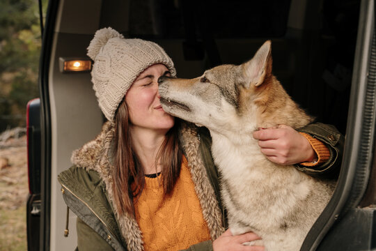 Young woman in camper van petting a cute  wolf dog in the mountain
