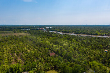 Fototapeta na wymiar Fiield from drone view, shows the horizon skyline with forest and farm above of upcountry, Chachoengsao Province Thailand.