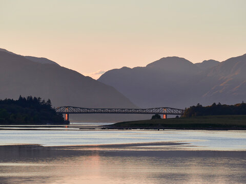 Ballachulish Bridge over Loch Leven at sunset. Scotland.