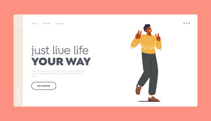 Body Language Landing Page Template. Happy Male Character Show Victory Symbol. Man Show Positive Gesture, Win, Approval