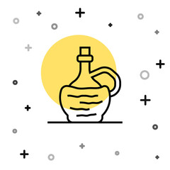 Black line Wine in italian fiasco bottle icon isolated on white background. Wine bottle in a rattan stand. Random dynamic shapes. Vector