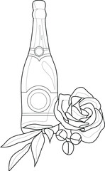 Realistic bottle of champagne and rose flower sketch template. Graphic cartoon vector illustration in black and white for games, background, pattern, decor. Coloring paper, page, story book, print