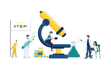 Microscope, vaccination concept. Research laboratory Covid-19 Corona virus with scientists, doctors working medicine, people. Background, flat vector style template suitable for web landing page
