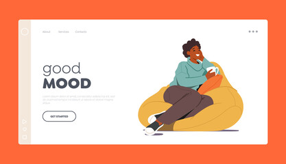 Female Character Relaxing, Having Leisure, Sparetime, Drink Beverage Landing Page Template. Young Woman Sitting with Cup