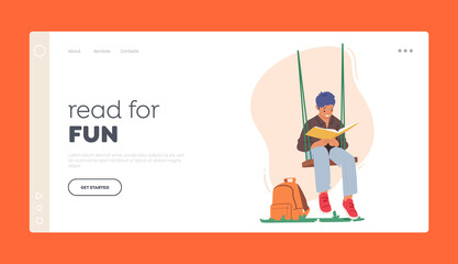 Read for Fun Landing Page Template. Kid Reading Book Sitting on Swing Relaxing or Prepare for School Examinations