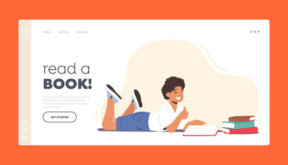 Kid Reading Book Landing Page Template. School Boy Student Prepare to Exam, Back to School, Education or Learning