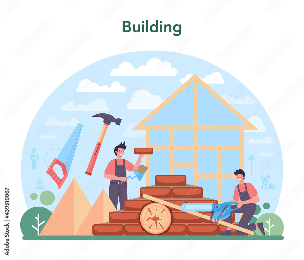 Aufkleber house building concept. workers constructing home with tools