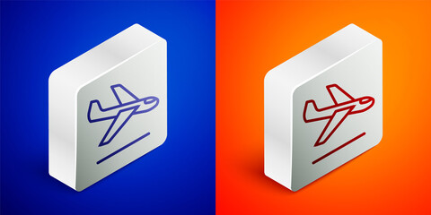 Isometric line Plane landing icon isolated on blue and orange background. Airplane transport symbol. Silver square button. Vector